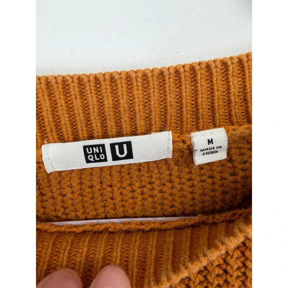 Uniqlo U Mens Sweater Burnt Orange Chunky Knit Cotton Crewneck‎ M